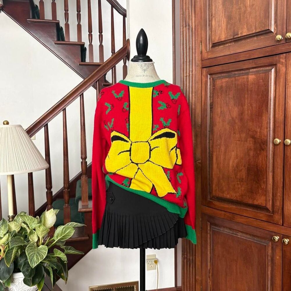 Vintage Holiday Present Bow Sweater Jumper Retro 1980s